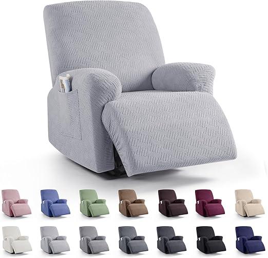 KinCam Recliner Chair Covers, Stretch Reclining Cover, Recliner Sofa Slipcovers Stripe Jacquard Recliner Couch Covers Furniture Protector Covers for Pet Kid (1 Seater, Silver Gray)
