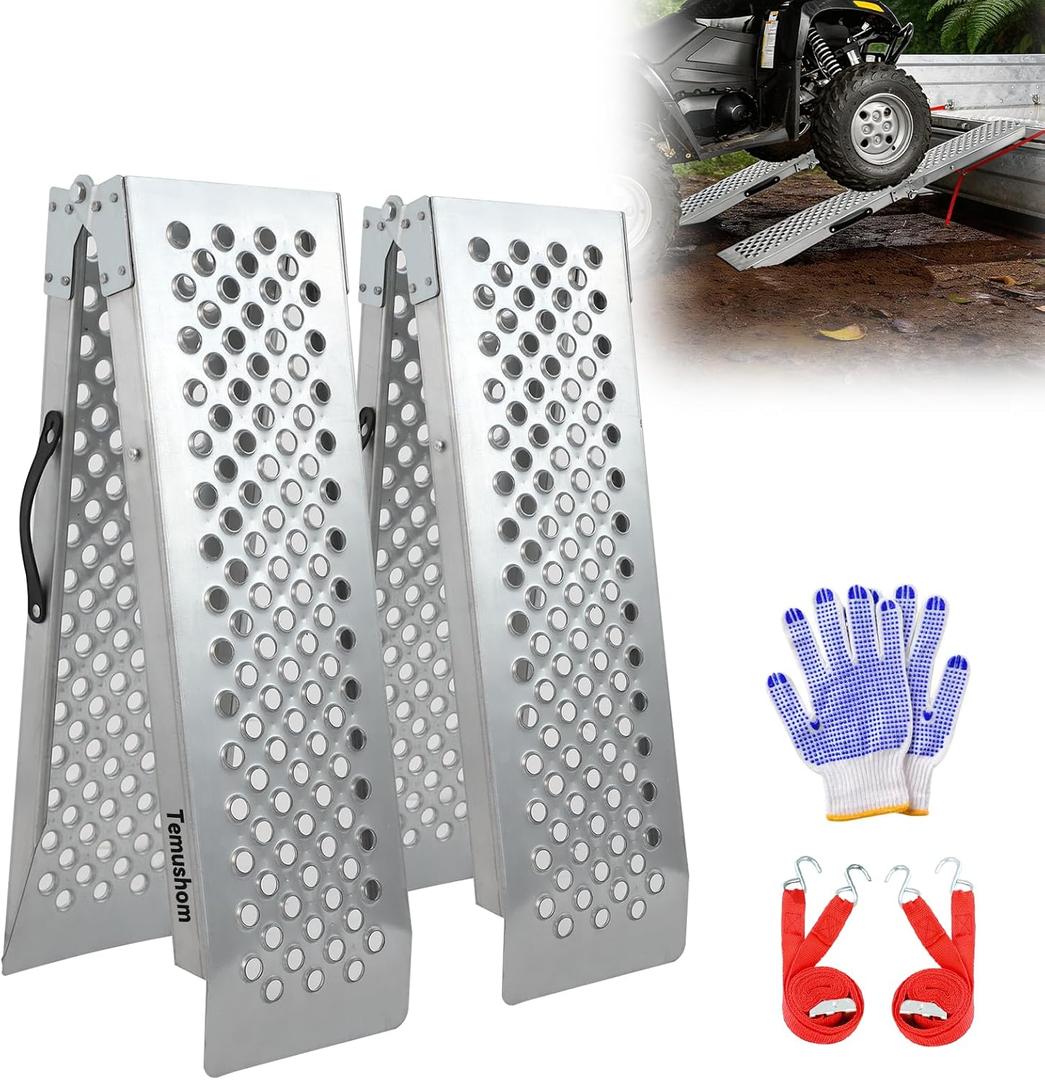 Temushom 59" Folding Shed Ramps for Lawn Mowers, 1320 lbs Capacity,2 Pcs
Anti-Slip Metal Loading Ramps for Motorcycles, Shed Ramp for Riding Mowers, Trailer, ATVs, UTVs, Dirt Bikes, Trucks