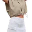 Tankaneo Womens Sleeveless Button Down Shirts Casual Summer Crop Tank Top | 100% Cotton, Loose, V Neck Pad Shoulder Top Medium, Khaki