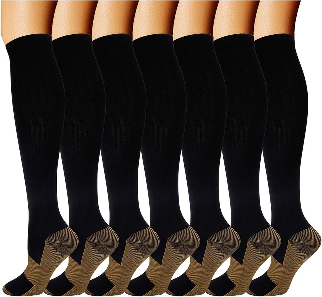 Double Couple 7 Pairs Copper Compression Socks for Men Women 20-30 mmHg Knee High Stockings (XX-Large, Black)