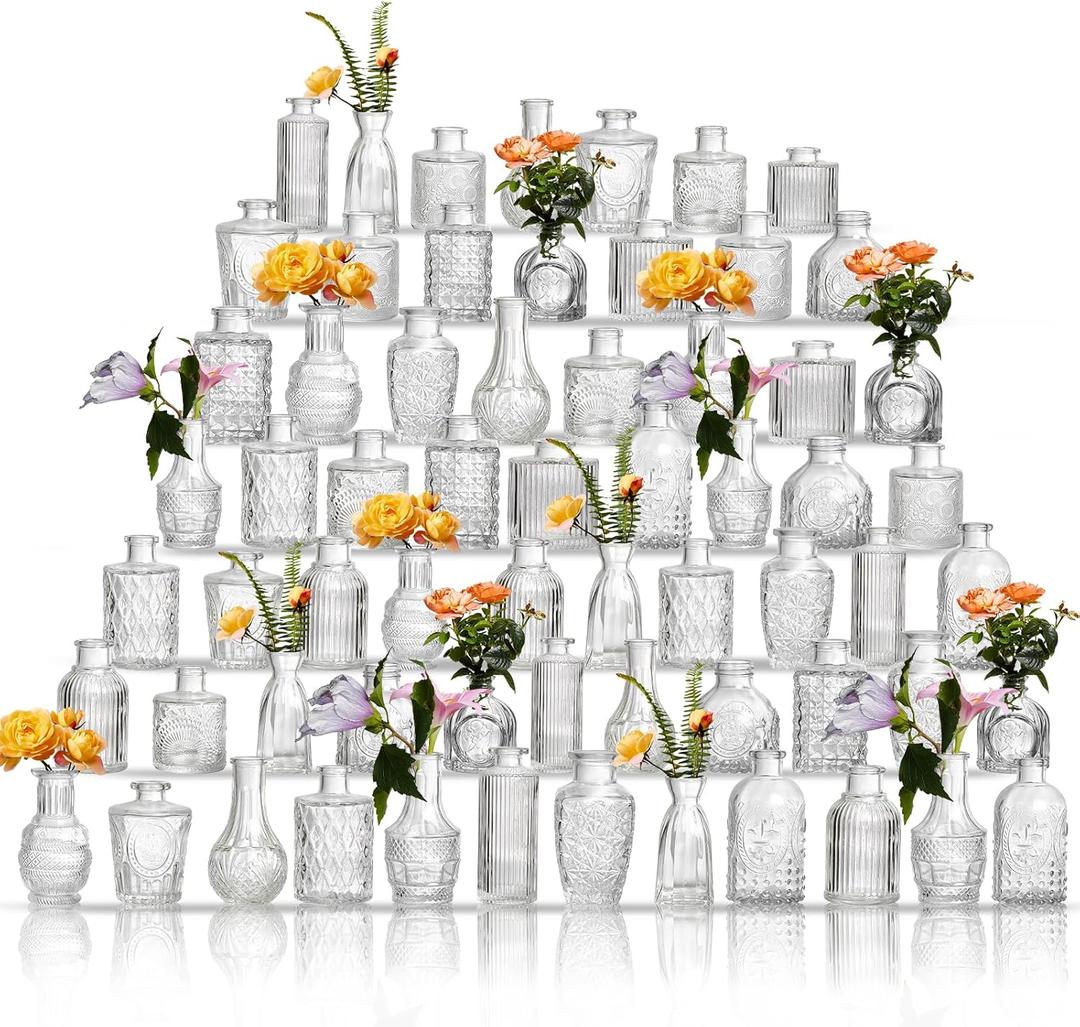 Glass Bud Vases Set of 64 - Assorted Small Mini Glass Vases for Flowers, Crystal Vintage Vase Set, Bulk Centerpieces for Table Dcor, Wedding, Home and Events (Clear, 64 Pcs)
