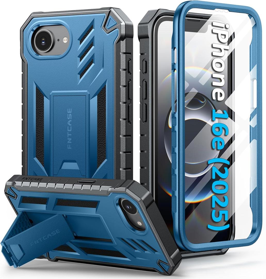 FNTCASE for iPhone 16e Phone Case: Military Grade [Built-in Screen Protector] [Kickstand] Matte Textured Drop Proof Protection Cover | Rugged Shockproof TPU Protective Sturdy Cases 2025 - Blue