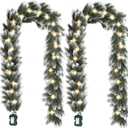 2 Pack Pre Lit Snow Flocked Christmas Garland 6 ft Artificial Christmas Garland with Warm White 30 LED Light and Timer Frosted Faux Pine Winter Garland for Home Indoor Outdoor Mantel Seasonal Decor