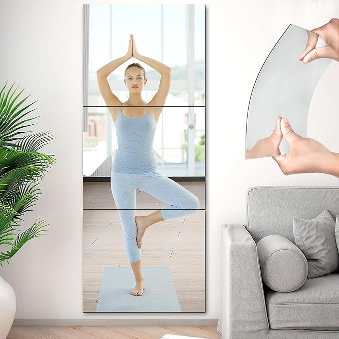 JUNEBRUSHS 3 Pack Self Adhesive Acrylic Mirrors, 20 x 24 Inch Full Length Mirror Tiles,Frameless Mirror Sheets Wall Stickers for Wall Mounted Make Up Gym Workout