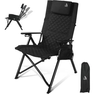 Camping Reclining Chair, Heavy Duty Folding Chairs with 4-Stage Adjustable High Back for Adults, Compact Foldable Outdoor Patio Reclining Chair with Storage Bag Black (1 PACK)