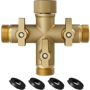 Hose Splitter Solid Brass 3 Way + Type Outdoor Faucet and Water Spigot Connector with Shut-Off Valves, 4 Extra Silicone Washers Included