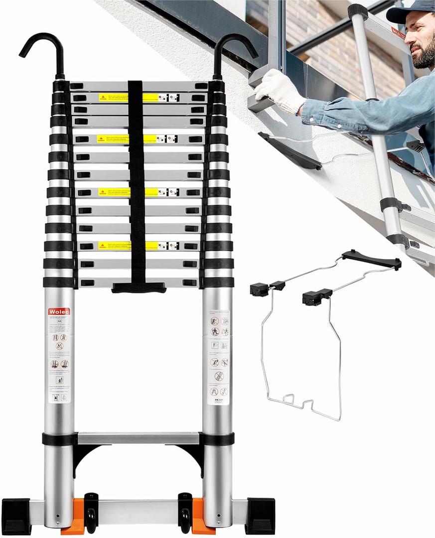 Telescoping Ladder&Ladder Stabilizer, 17.5 FT Aluminum Portable Extension Ladder w/Hooks, Stabilizers& Wheels, Heavy Duty 330lbs Max Capacity -Silver