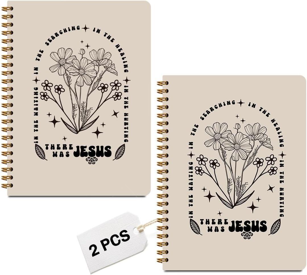 2Pcs Boho Floral Christian Spiral Notebooks for Women, Notebook College Ruled, Bible Quote Notepads Bible Journaling Notebook, There Was Jesus Hardcover Christian Gifts for Women, A5(8.3x5.8inch)