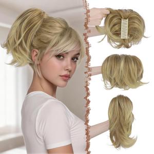 FESHFEN Claw Clip Short Ponytail Extensions - DIY Bendable Metals Fluffy Messy Bun Hair Piece Straight Synthetic Hairpieces Ponytail Extension for Women, Mix Blonde