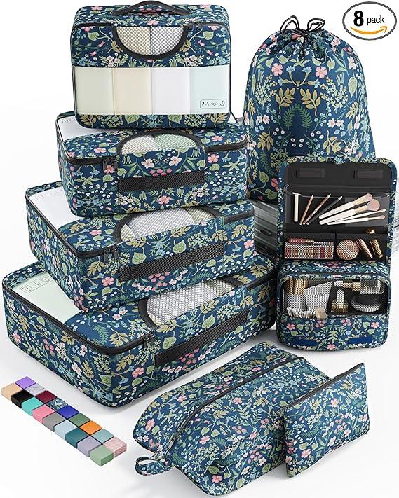Veken 4 Set Packing Cubes for Travel Essentials, Suitcase Organizer Bags in 4 Sizes, Carry-On Luggage Accessories with Large Laundry & Hanging Toiletry Bag, Must-Have for Airplane, Road Trip & Camping ( Garden Navy Floral)