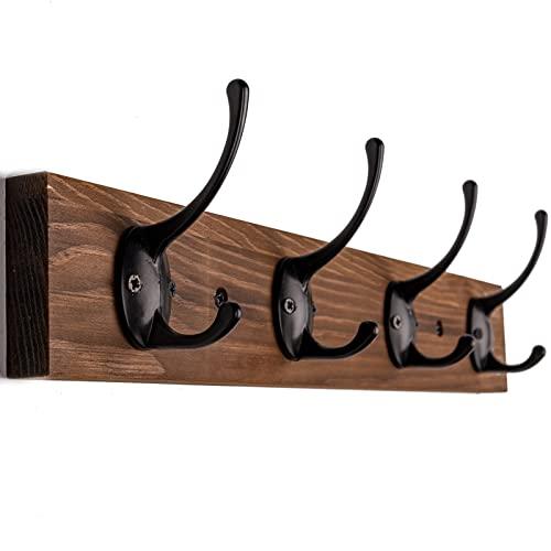 VERTORGAN Coat Hooks Wall Mounted, Wooden Hat Rack with 4 Hooks for Entryway, Bathroom,Bedroom(Brown)