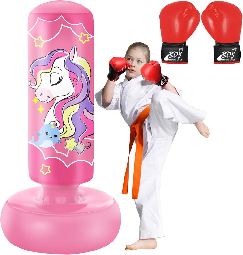 66 Inch Inflatable Punching Bag for Kids, Freestanding Punching Bag for Teen, Boxing Bag with Boxing Gloves for Practicing MMA Karate Taekwondo and Relieve Pent Up Energy (Pink)