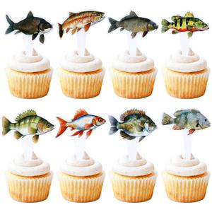 24pcs Fish Cupcake Toppers Go Fishing Theme Decorations Baby Shower Boys Girls Happy Birthday Party Tropical Party Cake Picks Under The Sea Decoration Suppliestwo-sided