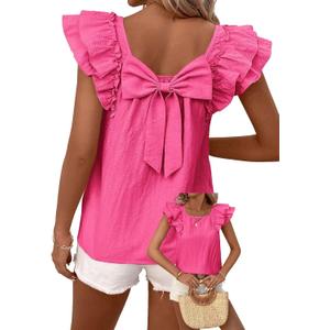 Falechay Womens Bow Tie Back Tops Round Neck Ruffle Short Sleeve Shirts Cute Babydoll Chiffon Tee Women Summer Trendy Tunic (Pink, XS)