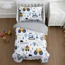NTBED 4 Pieces Construction Toddler Bedding Set for Baby Boys,Tree Truck Vehicles Excavator Cars Printed, Includes Comforter, Flat Sheet, Fitted Sheet and Pillowcase,Light Grey