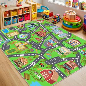 Kids Room Rug - Soft & Non-Slip 4x5 Ft Town Car Rugs City Map Play Mat, Childrens Road Carpet Washable Playmat for Classroom Nursery Bedroom Boys
