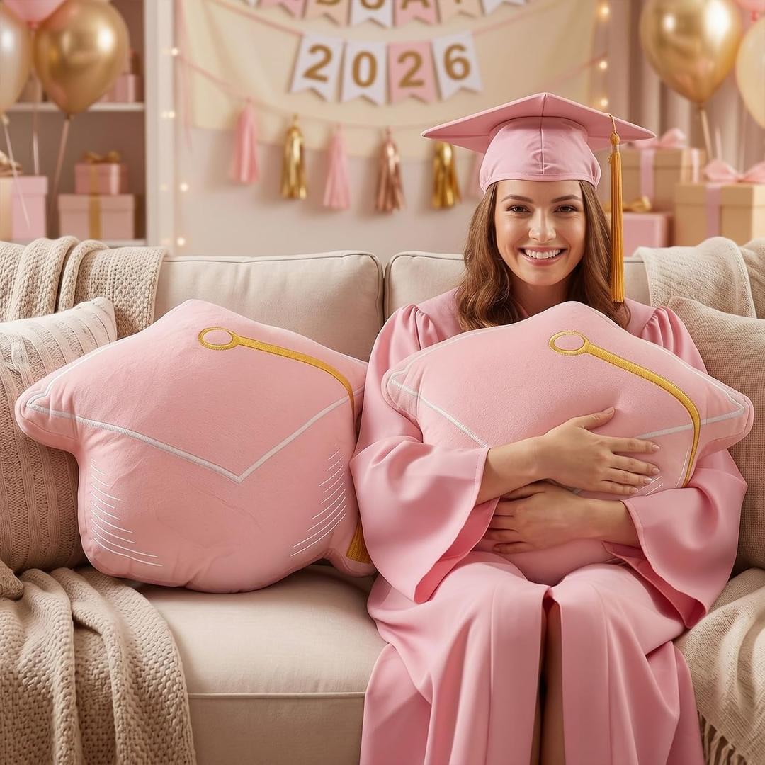 Yalikop 2 Pack Graduation Cap Pillow 12" x 12" Graduation Plush Stuffed Animal Class of 2026 Grad Decorations Gifts Congrats Grad Party Plush Favors for High School College Sofa Couch(Pink)