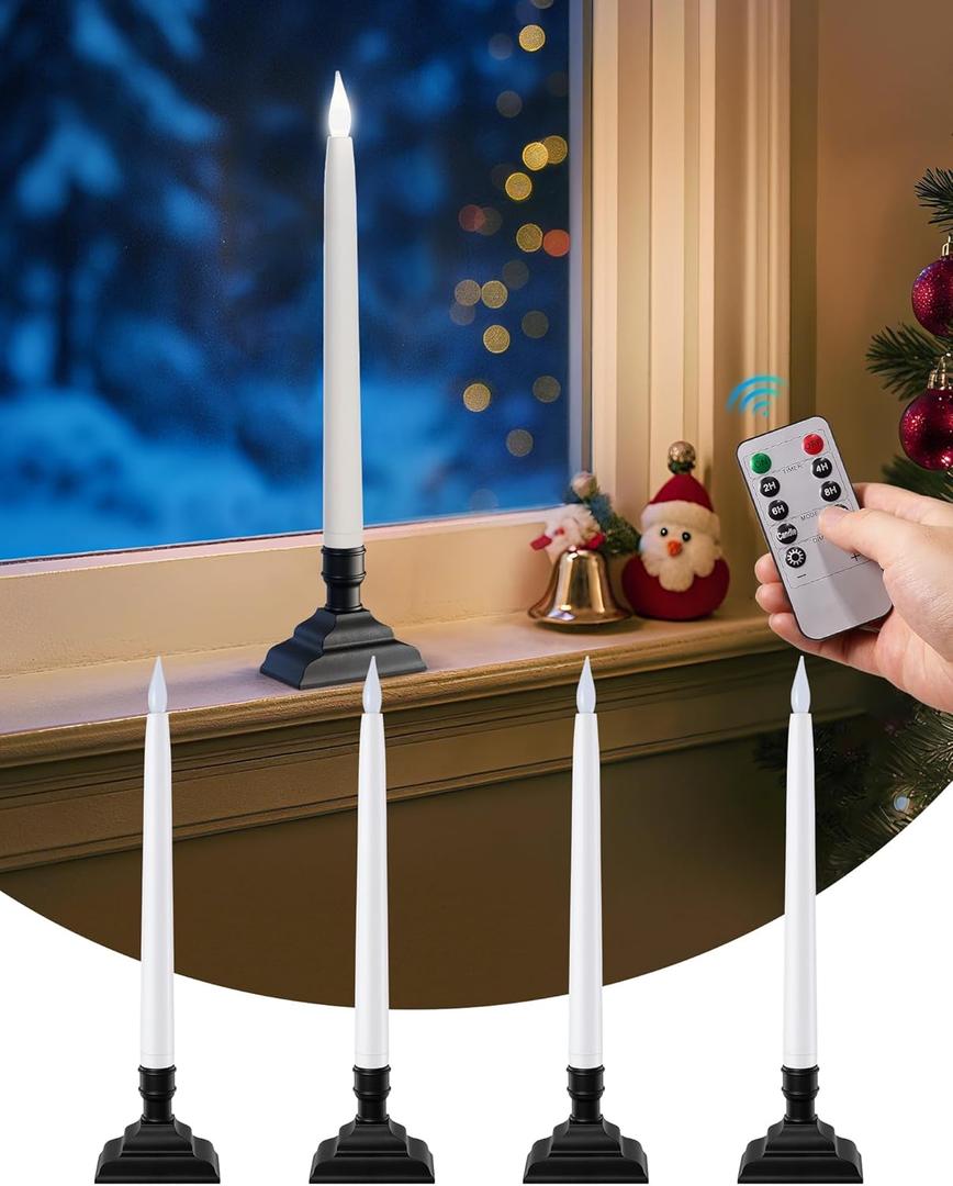 SURAIELEC 10.5'' Battery Operated Window Candles with Remote, Timer, Dimmer, 5000K Cool White LED Candle with Holder, Xmas Candle for Window, Matte Black, 4-Pack (Rechargeable Battery Not Compatible)