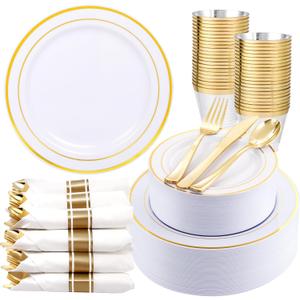 WDF Partyware 350Piece Gold Dinnerware Set for 50 Guests - Gold Plastic Plates with Disposable Cutlery - 50Dinner Plates-50Dessert Plates-50Pre Rolled Napkins with Silverware for Wedding/Mother's Day (White and Gold)