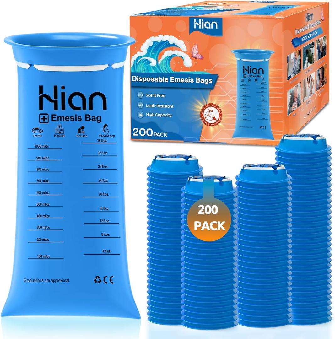 Hion Vomit Bags Disposable  200 Pack 1000ml Emesis Bags  Leak Resistant, Medical Grade, Portable  Perfect for Motion, Car & Aircraft Sickness, Pregnant Women