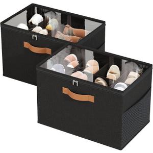 IMAXTOP 2 Pack Shoe Organizer for Closet,Foldable Shoe Storage Organizer with Adjustable Dividers, Shoe Storage Box with Clear Cover, Fits up to 16 Pairs, Black