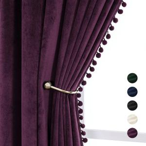 VANASEE Pompom Velvet Curtains for Bedroom Rod Pocket 52x84 inch Soft Blackout Window Curtains Room Darkening Drape Light Blocking for Living Room 2 Panels,Purple