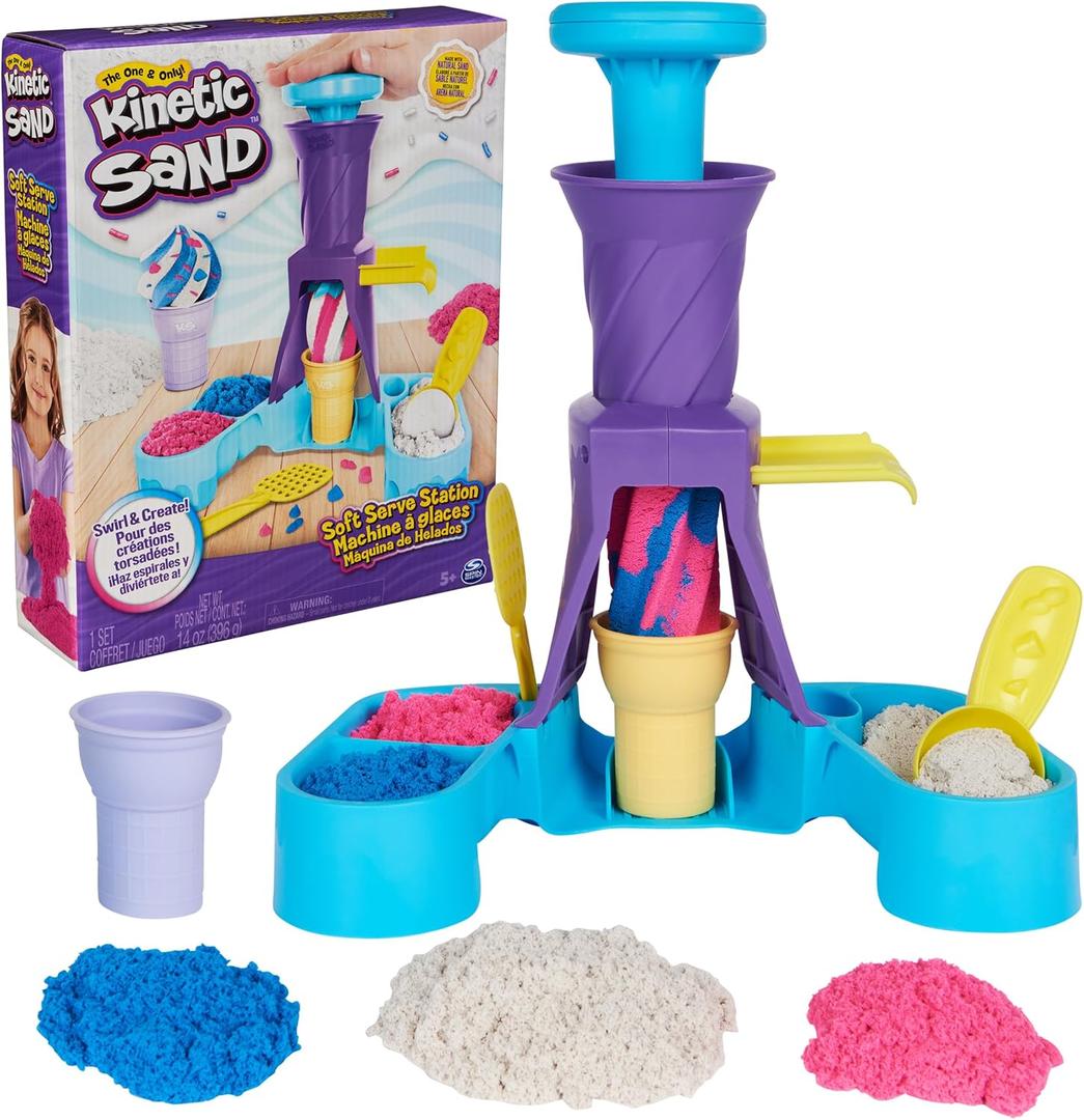 Kinetic Sand, Soft Serve Station with 14oz Play Sand (Blue, Pink & White), 2 Ice Cream Cones & 2 Tools, Sensory Toys, Stocking Stuffers for Kids Ages 3 and up