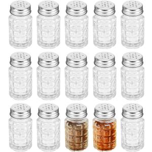 Jucoan 16 Pack Retro Style Glass Salt and Pepper Shakers with Stainless Steel Top, 2 oz Small Glass Spices Shakers Seasoning Bottle Jars for Kitchen Restaurant Wedding BBQ Party Camp Travel