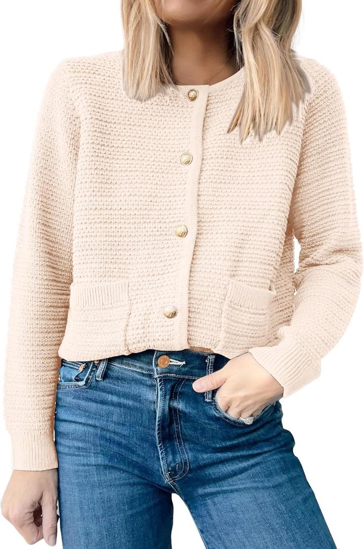 ANRABESS Womens Cardigan Sweater Long Sleeve Button Down Lady Tweed Knit Jackets 2025 Fall Outfits Beige Small