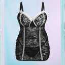 Verdusa Women's Plus Size 2 Piece Lace Lingerie Set Criss Cross Cut Out Cami Dress with Thong (Black, XXXL)