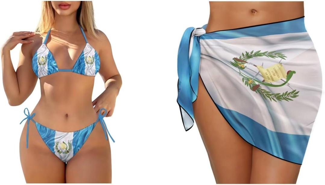 Women's 3 Piece Swimsuits Sexy Halter Triangle Side Tie Thong Bikini Set with Sarong Cover Ups (Blue, L)