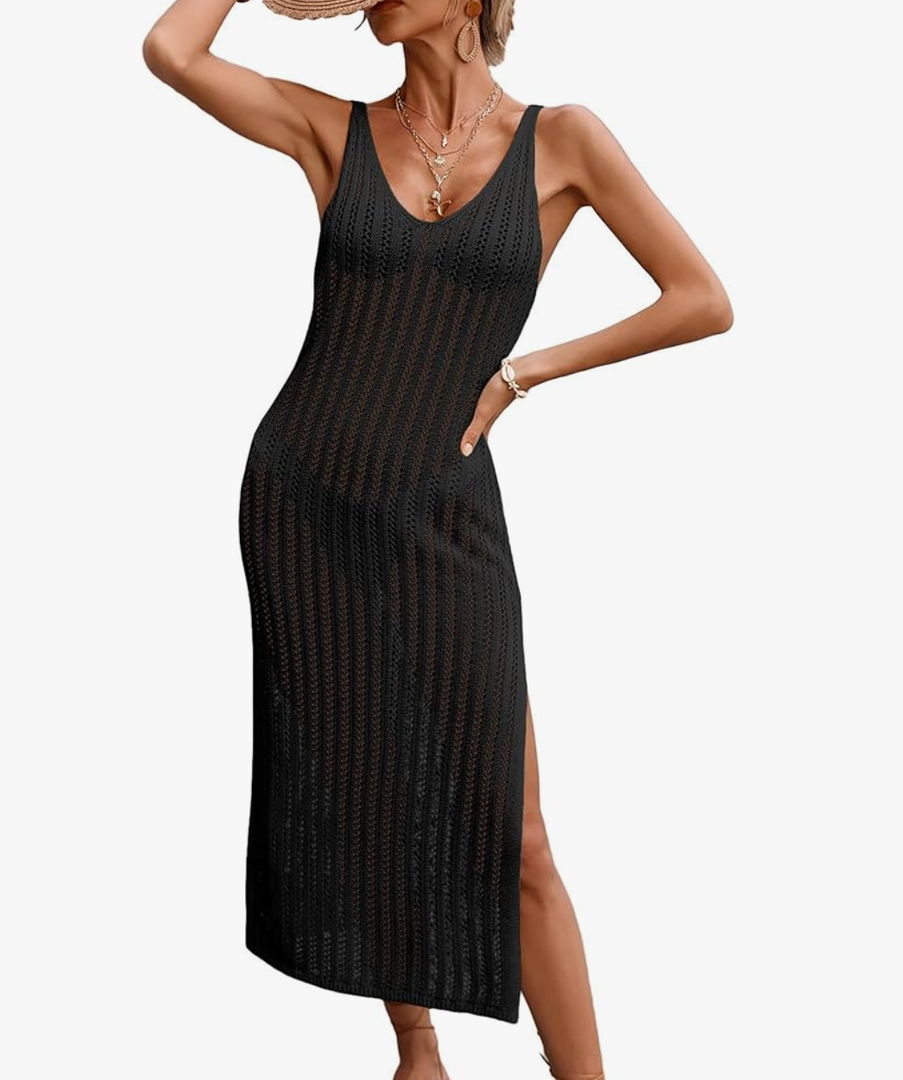 Womens Crochet Knit Sheer Beach Dresses Summer 2025 Backless V Neck Side Slit Bathing Suit Cover Up Midi Dress M
