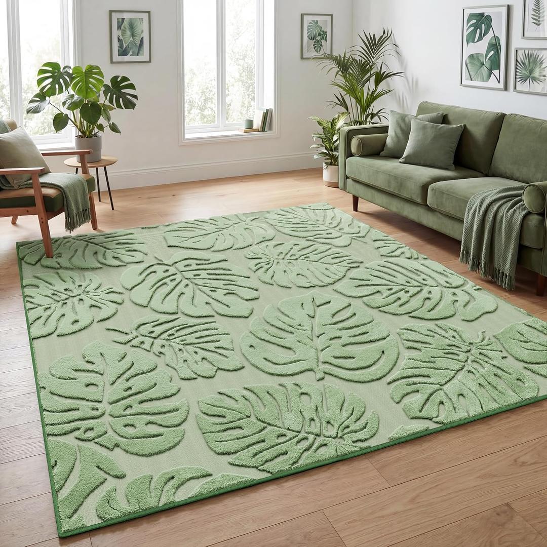 Sage Green Monstera 8x10 Area Rugs High-Low Plush Pile Washable
Soft Non Slip Tropical Indoor Shag Large Carpet Rug for Living Room Dining Room Nursery Bedroom