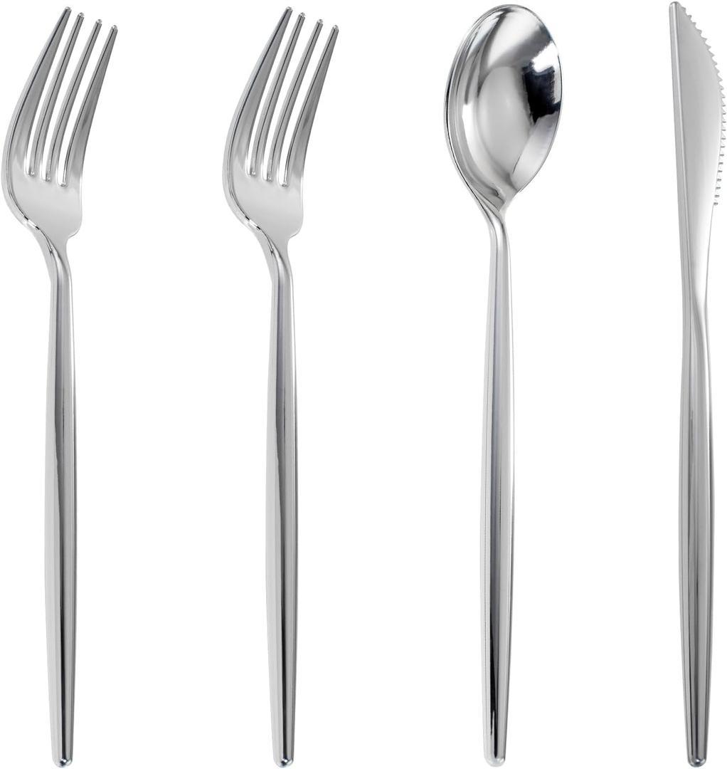 U-QE 120pc Silver Disposable Cutlery Set - Luxury Heavy Weight Plastic Flatware, Include 60 Forks, 30 Spoons, 30 Knives for Party