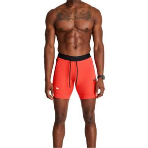 WOLACO Sprint Half Tight Compression Shorts with Phone Pocket for Men (Small, Lava (8 Inch))