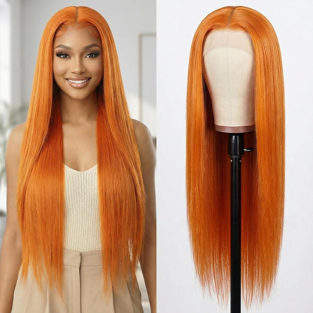 Highlight Straight Wig Human Hair, Lace Front Wigs for Women Pre Plucked, Glueless Natural Hairline Straight Human Hair Wig 30 Inch Orange