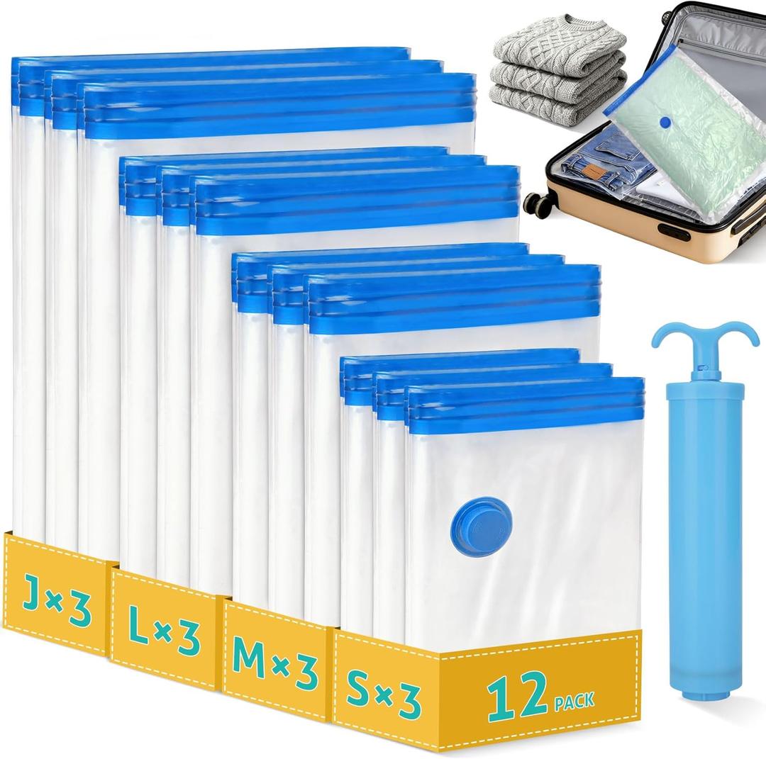12 Pack Travel Vacuum Storage Bags 4 Size(24/28/32/40 Inch), Portable Vacuum Seal Bags for Clothing Travel with Pump, Space Saver Bag for Luggage Suitcases Clothes Bedding Seasonal Storage (clear, blue)