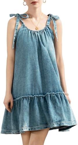 Vidifid Women Denim Cami Dress Tie Shoulder Ruffle Hem Short Dresses Babydoll Wash Jean Sundress with Pocket L
