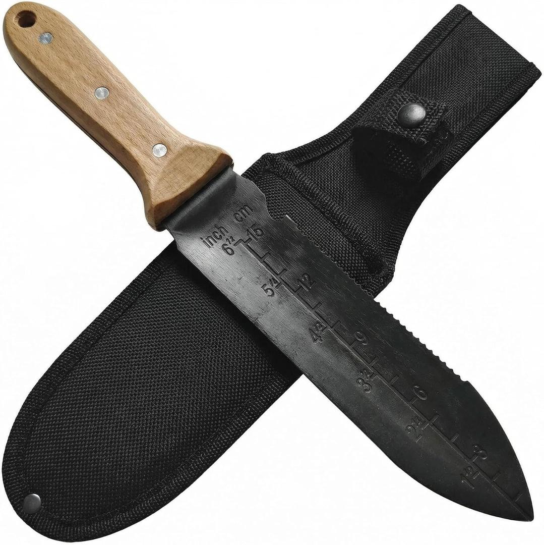 Hori Hori Garden Knife with Sheath 6" Stainless Steel Blade, Wood Handle, Full Tang, Cutting Edge for Weeding, Digging, Planting Heavy Duty Gardening Tool with Hanging Hole