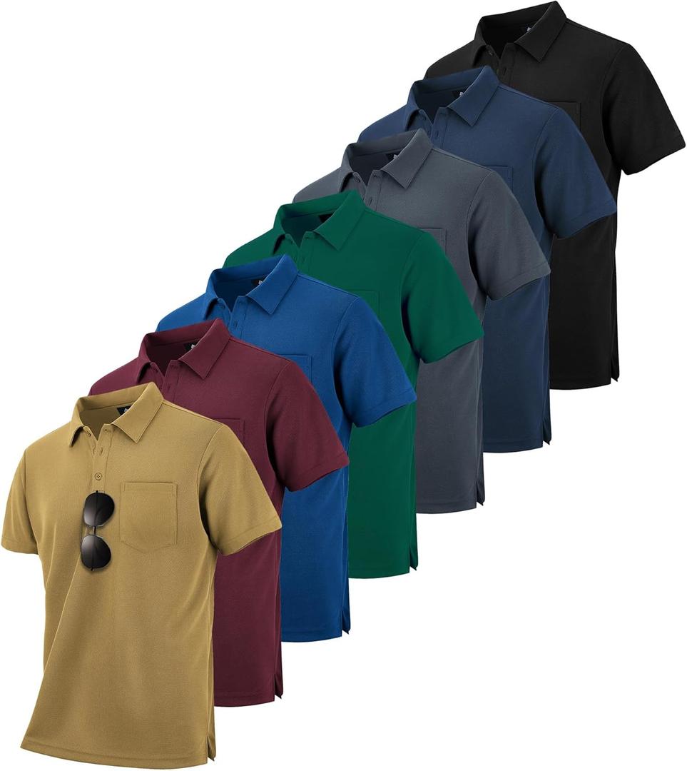 ZITY 7 Pack Mens Polo Shirts with Pocket Moisture Wicking Short Sleeve Outdoor Golf Athletic Work Multipack Shirts (XX-Large)