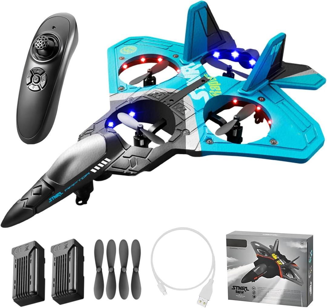 V17 Remote Control Airplane Foam RC Planes for Kids Adults 8-16, RC Fighter Jet Airplane with Light, 2 Batteries, 360° Flip Fighter Jet Toy, Stunt Roll, Gifts for Adult Boys (Blue with 2Batteries)