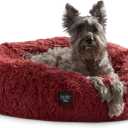 Nicole Miller NEW YORK PET Ellie Fuzzy Solid Donut Pet Bed, Plush, Cozy & Calming, Non-Slip Bottom, 100% Machine Washable, Burgundy Rose, Medium 28"x28"x7" Round