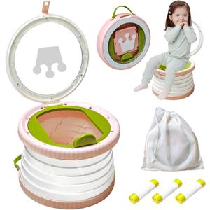 Portable Potty Chair for Toddlers with Splash-Proof Design, Foldable Travel Potty with Bag & 30 Refills - Kids Toilet for Car, Camping, Indoor - Easy Clean Baby Potty Training Seat (White-Pink)