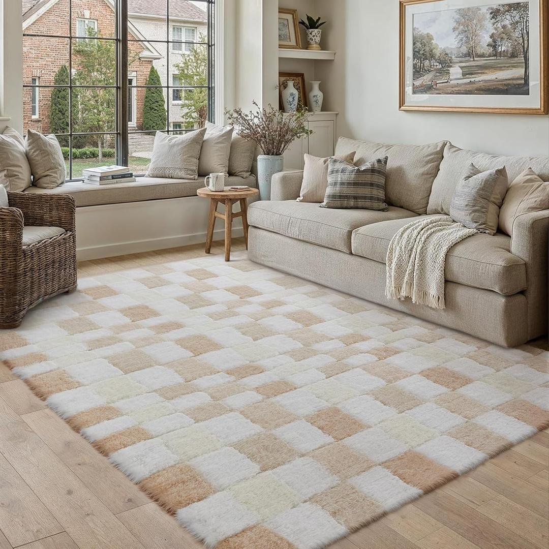 5x8 Checkered Area Rug Beige Fluffy Shag Living Room Throw Rug Washable Non-Slip Soft Pile Fuzzy Carpet for Bedroom Dorm Bathroom Dining Room Home Aesthetic Decor Indoor