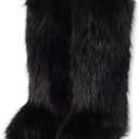 Faux Fur Boots for Women Winter Knee High Furry Snow Boots Fuzzy Fluffy for Girls Flat Long Boots (13 Wide, Black)