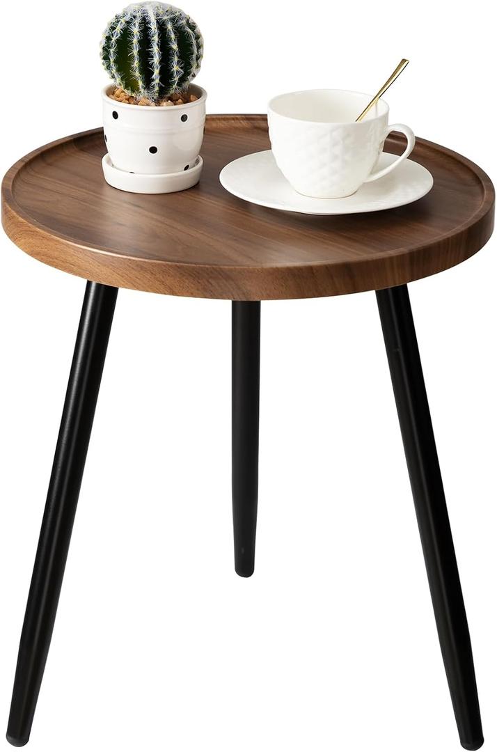 danpinera Round Side Table, Metal Legged Accent Table with Wooden Tray, Small Round End Table for Living Room, Bedroom, Nursery, Brown & Black, round, 14.96-inch diameter