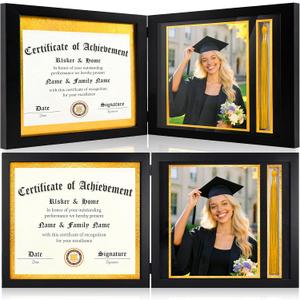 JMUQ 12x26 Foldable Diploma Frame with Tassel Holder for 8.5x11 Certificate & 8x10 Photo, 2026 Graduation Frame with Black & Gold Double Mat, HD Plexiglass for Wall or Tabletop Display, Black