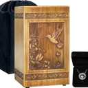 Wooden Urn for Ashes Adult Male Female, Handcrafted Large Cremation Urns Box for Human Ashes Adult Man Woman, Memorial Decorative Funeral Urn with Hummingbird Carvings, with Velvet Bag & Necklace