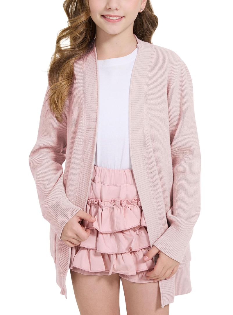WULFUL Girls Long Sleeve Cardigan Kids Casual Open Front Oversized Sweater with Pockets Pink, Size 7-8