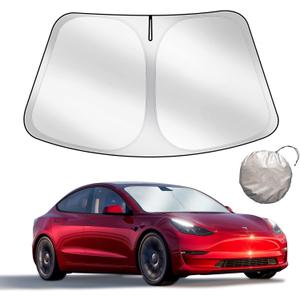 Upgraded Sunshade for Tesla Model 3/Y Windshield, Improved UV Protection Fabric, Metal Frame, Full-Size Foldable Front Sun Shade, Professional Accessories for Tesla Model 3/Y 2016 to 2025